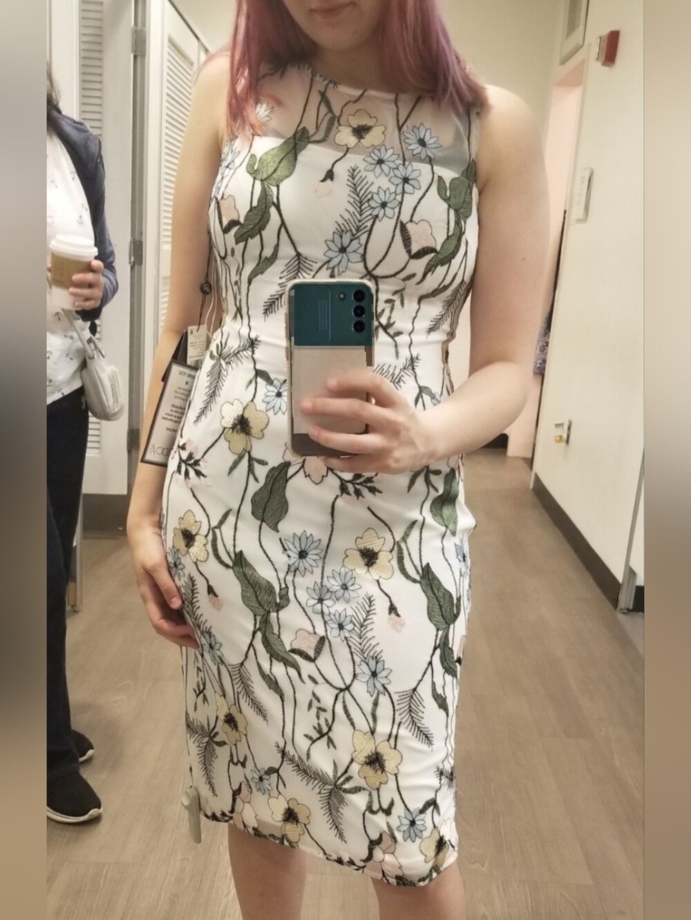 Embroidered Floral White Midi Dress With Mesh Top